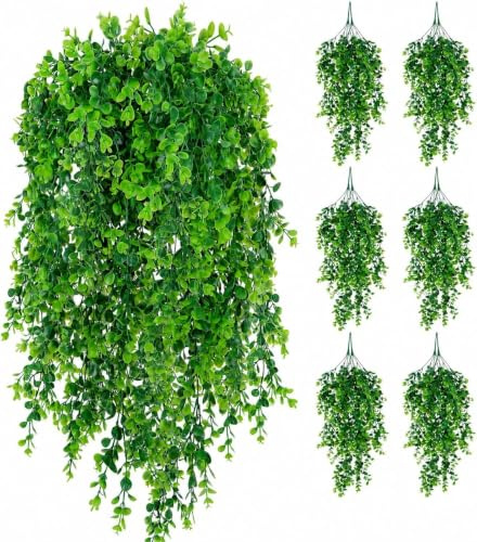 12Pcs Artificial Hanging Plants Outdoor Faux Eucalyptus Hanging Plants | UV Resistant Fake Ivy Vine Plastic Trailing Plants Faux Greenery Plant for Hanging Basket Bedroom Patio Garden Wedding Decor