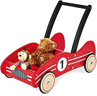 PINOLINO Lauflernwagen Kimi, aus Holz, mit Bremssystem, Lauflernhilfe mit gummierten Holzrädern, für Kinder von 1 – 6 Jahren, rot