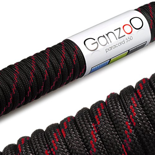Ganzoo Paracord 550 nylonlina 31 m svart röd för flätning och knytning, till armband, koppel eller halsband, makramé, lanyard, nyckelring, gör öglor, band och lindningar för vardag