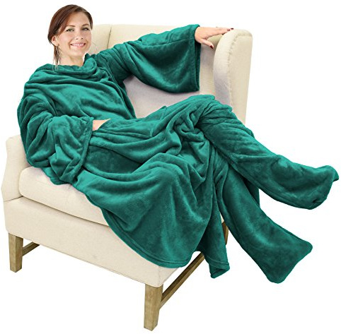 Catalonia Classy Decke mit Ärmeln und Fußtasche Geschenk für Frauen Herren, Flauschig Fleece Tragbare Kuscheldecke mit Ärmeln, Warm Decke zum Anziehen Ärmeldecke Erwachsene, 190 x 135 cm Grün