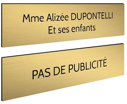DECOHO - Plaque Boite aux Lettres Personnalisable - Lot de 2 plaques adhésives Plastique bi-Couche - Or brossé Lettres Noires - 100 x 25 mm, Gravure Las - Or