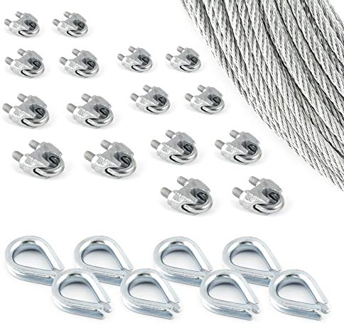 DQ-PP stållina SET | 4 mm 6 x 7 medium mjuk | Förzinkad av stål | Byte 4 mm | Spänningslås kroköglor M5 | linsklämma bygel 5 mm | ledtråd för rankhjälpmedel rep stål tråd skogsrep vindrep spännlina 100m Set 8