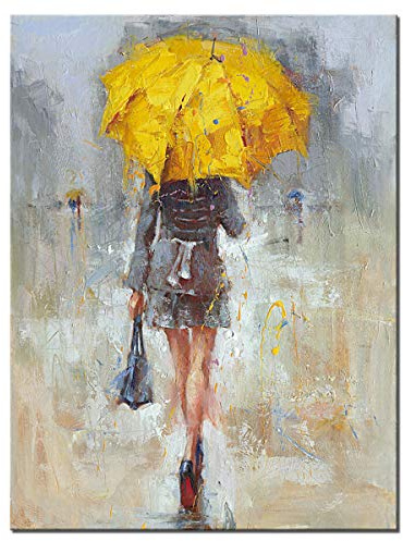 Abstract Canvas Painting A Rainy Walk Girl with Yellow Umbrella Wall Art Modern Artwork for Office Home Decoration
