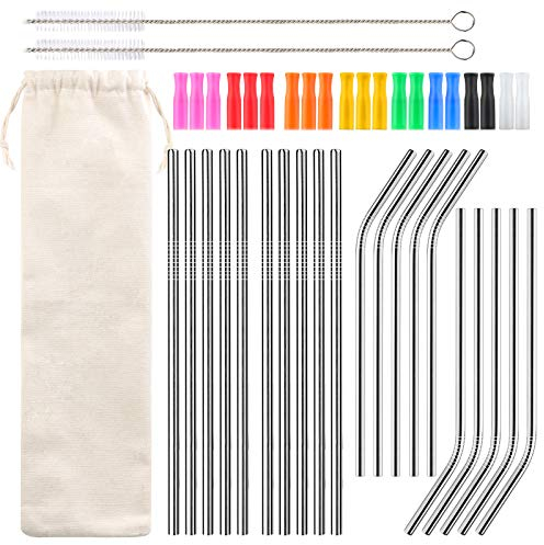 20 PCS Stainless Steel Straws Reusable Metal Straws with 2 Brushes and 10 Colorful Silicone Tips 21.5cm Drinking Straws Set for Cocktails Bar Party