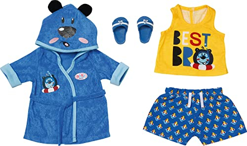 Zapf Creation 830499 BABY born Bath Deluxe Bademantel 43 cm - Puppenkleidung Set bestehend aus blauem Puppenbademantel, Shirt, Shorts und Schuhen