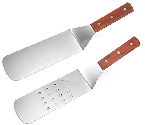 Hoshen 2 piastre in acciaio inox teppanyaki, spatola in metallo scanalato, pancake hamburger, teppanyaki e padella, lavabile in lavastoviglie - manico in legno