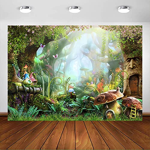 Avezano 2.1x1.5m Conte de fées forêt Toile de Fond Champignon enchanté Papillon Fantaisie Pays des Merveilles Printemps Fleur Fond Enfants Nouveau-né Enfants bébé fête d'anniversaire bannière