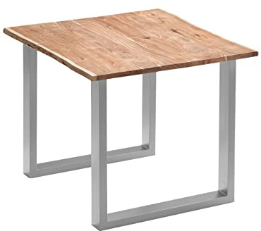 SAM Esstisch Quinn 90x90 cm Baumkante Akazie Natur/U-Gestell Silber | massiv, Echte Baumkante, Akazienholz naturfarben, Baumkantentisch, Esszimmertisch, Metallbeine