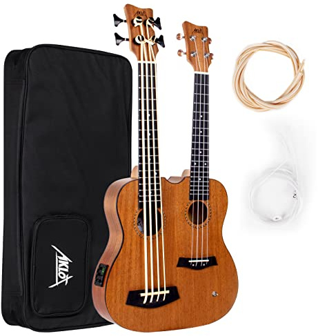 Bass Ukulele, AKLOT 28 Inch Double Necks Ukelele Custom-made Headstock Full Mahogany 4 Strings Uke & 4 String Bass with Gig Bag