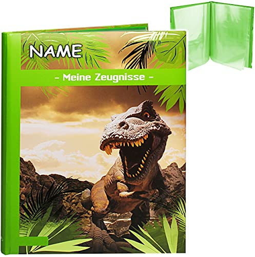 3D Glanz - Zeugnismappe/Dokumentenmappe Motivwahl Dinosaurier - Tyrannosaurus Rex inkl. Name - Meine Zeugnisse gebunden - Buch mit festen Seiten - A..