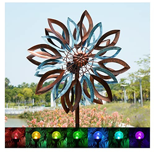 Cyan Oasis Éolienne de Jardin avec Lampes solaires, Grand Moulin à Vent extérieur en métal, décoration de Jardin (50,8 x 195,6 cm (l x H)