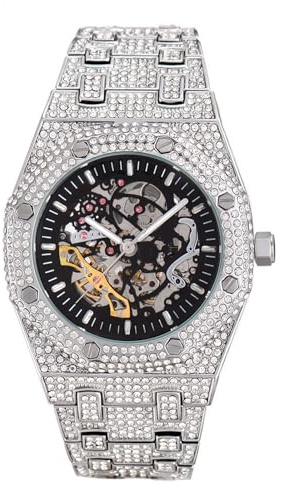 ICEDIAMOND 43MM Herren Full CZ Diamant Durchbrochene Handaufzug Automatik-Armbanduhr, Hip Hop vereiste Bling Zirkon Skelett Zifferblatt Luxusuhr
