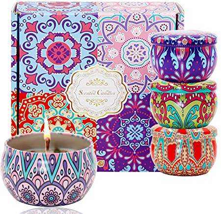 Duftkerzen, 4 Stück Sojawachs Aromatherapie Kerzen, Natürliches Sojawachs, Aromatherapie Geschenkset, Minze, Lavendel, Rose, Veilchen