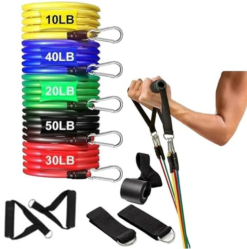 11 teiliges Krafttraining Set mit Aufbewahrungstasche, Fußschlaufen & Türanker | 5x Widerstandsbänder für Yoga Übungen | 2x Kabelzug Griffe | Zubehör für Hometraining, Fitnessgeräte Heim Fitnessstudio