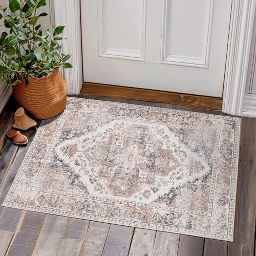 TOPICK Tapis Entree Interieur 60x90cm Tapis Oriental avec Motif Floral Petit Tapis Exterieur Lavable en Machine Tapis Vintage Rouge Descente de Lit Chambre Adulte Antidérapant