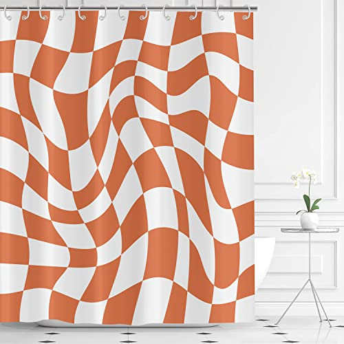 Hnmdmyi Cortina de Baño Naranja Groovy Checkerboard 180x180, 70s Retro Moderna Abstracta Psicodélica Groovy Ondulada Estética Hippie Funky Tejido Poliéster Impermeable Lavable Cortina de Baño