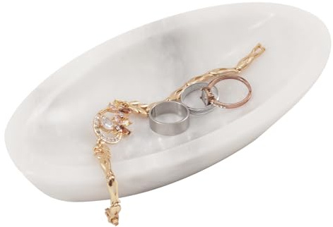 Radicaln Bandeja de joyería de mármol blanca de 7 pulgadas, decoración estética de habitación, organizador de joyas hecho a mano, bandeja decorativa para exhibición de aretes, soporte de anillos para