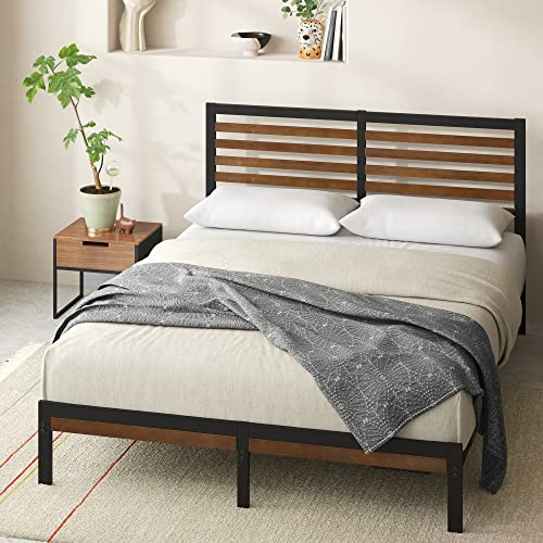 Zinus Kai Sommier 140x190 cm avec Lattes en Métal - Hauteur 23 cm - Cadre & Tête de Lit 2 Personnes en Bambou & Acier Robuste - Montage Facile - Noir & Marron