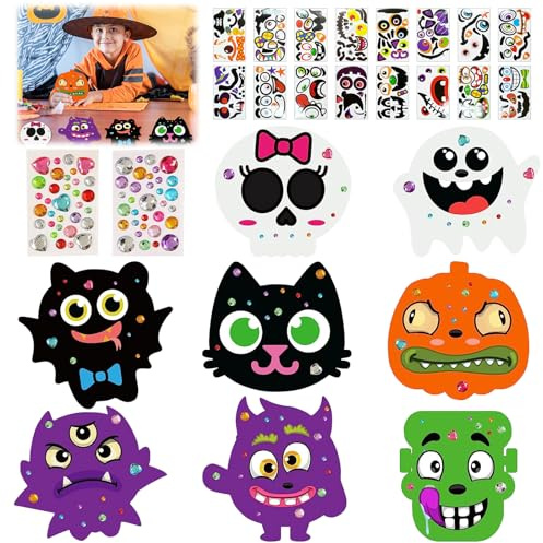 Seasboes 8 Kits Herbst Halloween Kürbis Dekorationen, DIY Herbst Kränze Bastelset für Kinder, Schaumstoff-Kürbisformen mit Herbst-Ahornblättern, Aquarellstift, Strass-Aufkleber für Kinder