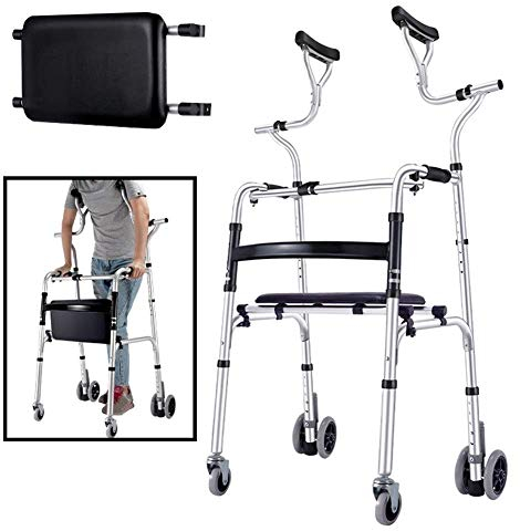 Lauflernhilfe für Senioren mit Achselstütze und Rädern, Leichter Rollator für Erwachsene mit einstellbarer Höhe, Faltbare progressive Mobilitätshilfe aus Aluminium (Laufhilfe + Sitz)