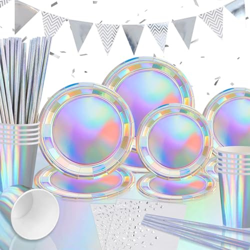 GOLDNICE Party Tableware Set, Party Tableware, Paper Plates Birthday Party with Balloons Napkins Banner for Birthday Decoration Baby Shower (Sliver)