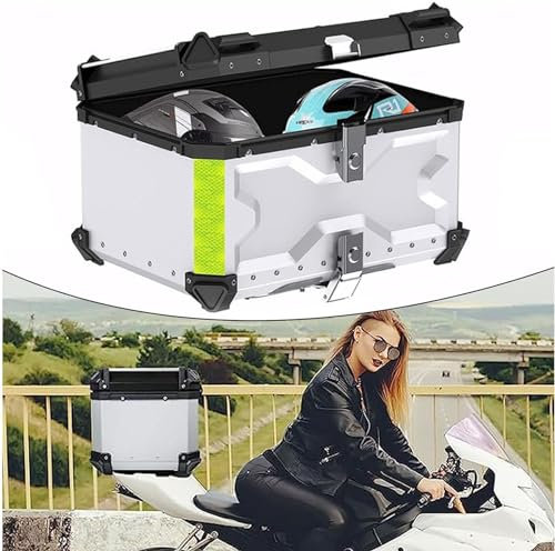 FJAUOQ Motorrad Topcase Aluminium Motorradkoffer Top case Aluminium Koffer für Roller Motorrad Rollerkoffer Koffer mit weicher Rückenlehne mit Sicherheitsschloss,Silber,45L