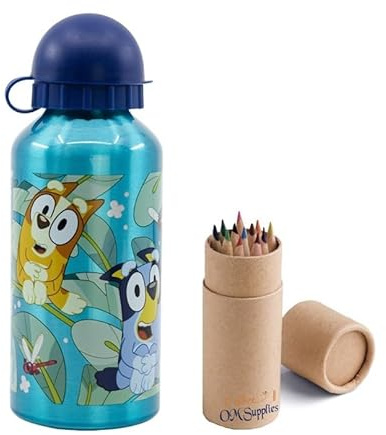 OM SUPPLIES Bluey Characters Aluminium-Sportflasche, 400 ml, Urlaub, Schulanfang, Wassertrinken, Kinder, Mittagessen, Kinder, inklusive halber Größe, 12 Stück (blau)