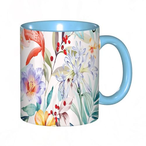 Kaffeebecher Mug,Aquarell-Pfingstrose-Rosen-Blumenstreifen-Paisley-Landschaft,kaffeebecher porzellan, tasse Füllmenge 330 ml - sehr interessante bedruckte Teetassen