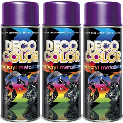 Deco Color 3er Sparpack Lackspray 400ml - Sprühlack mit Effekt für z.B. KFZ, Fahrrad (3 Dosen Lackspray Violett mit Metallic-Effekt)