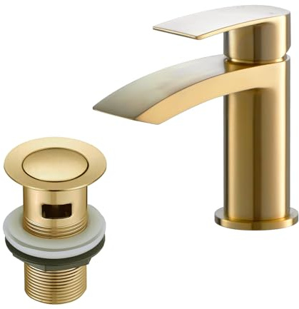 BATHWEST Monobloc Brushed Gold Brass Basin Taps with Pop Up Waste, Brushed Golden Bathroom Sink Tap with Drain, 882AMGO