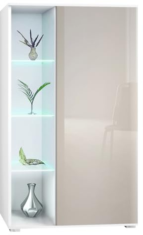 Vladon Vitrine Davos, Made in Germany, Standvitrine mit 3 Glasböden und 8 Fächer inkl. LED, Weiß matt/Sandgrau Hochglanz (71,5 x 134 x 35 cm)