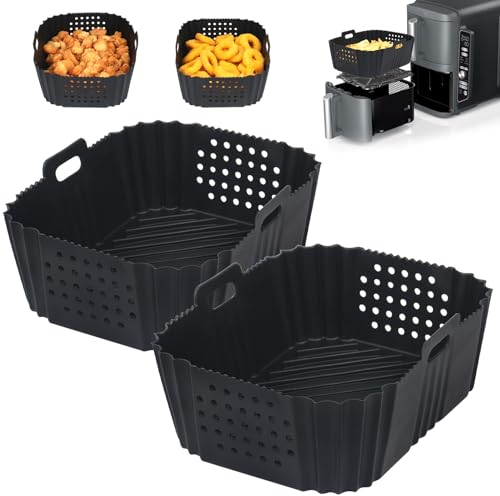 GINOYA Air Fryer Liners for Ninja Double Stack XL 9.5L Air Fryer SL400UK, 2PCS Air Fryer Silicone Accessories with Side Cut-Out Design for AF400UK/AF451UK Dual Drawer 9.5L AirFryer(Black)