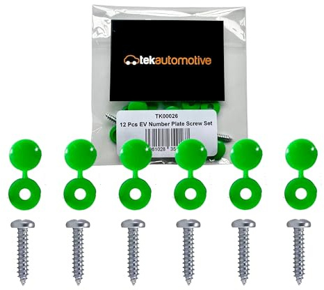 Tek Automotive Lot de 12 vis de plaque d'immatriculation et capuchons verts | Kit de fixation de plaques d'immatriculation pour véhicules électriques électriques électriques et bouchons de vis verts