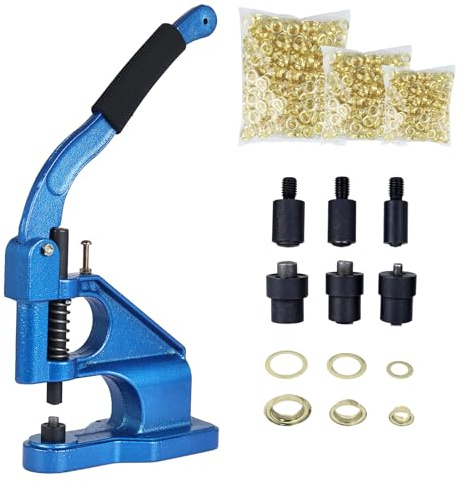FreeTec Handpress öljettmaskin öljetttång, 6/10/12 mm öljettstans öljettpress set med 3 matriser och 1 500 stycken gyllene öljetter för presenning läder tyger bälte gardiner väskor
