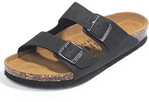 FITORY Sandales Homme en Cuir Mules d'Été Confortables | Bout Ouvert, Bride Ajustable Facile à Enfiler, Semelle Intérieure en Liège pour un Confort Quotidien