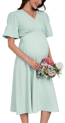YesFashion Umstandskleid Damen Sommer Elegant V-Ausschnitt Langes Stillkleid Hohe Taille Casual Schwangerschaftskleid mit Laternenärmel Hellgrün L