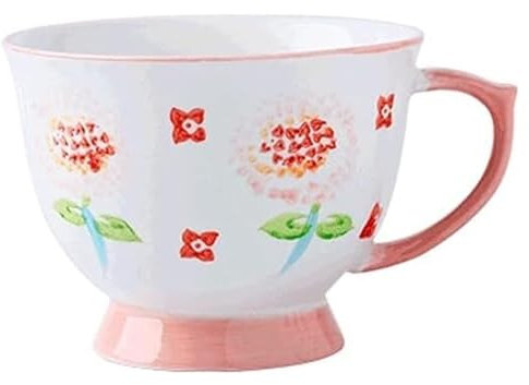Taza Taza de café de cerámica con estampado de flores, taza grande for desayuno de 480ML, taza apta for microondas for café, leche, avena, zumo, té, Etc. Con asas(Pink)