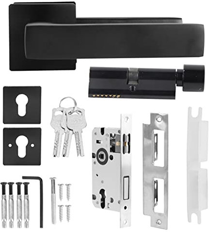 Jwthee Zinc Alloy Front Door Handle Set,Adjustable Simple Black Lock Cylinder Handles Set Keyed Locking Doors Knob Accessory,6.7 x 5 x 2.6in