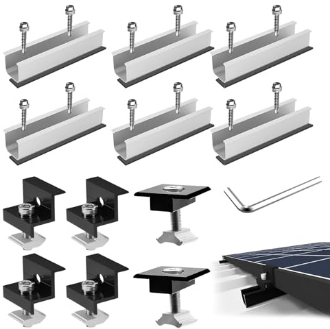 Kit Soporte para Placas Solares, Rieles Aluminio 12 cm , Abrazaderas Ajustables 30-35mm para Tejados Planos/Inclinados, Incluye Tornillos Acero Inoxidable - Montaje Sencillo