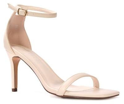 ESSEX GLAM Women's Ankle Strap Sandals Ladies Square Toe Nude Synthetic Leather Stiletto Mid High Heel Evening Party Shoes Size 6