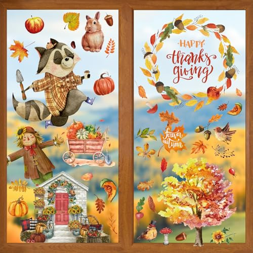 SLWOO Fensterbilder Herbstdeko - 90 Stück Fenstersticker Selbstklebend mit Ahornblatt Kleintiere, Kürbis Fensterdeko Herbst Aufkleber für Kinder Thanksgiving Türen Febster Dekorations
