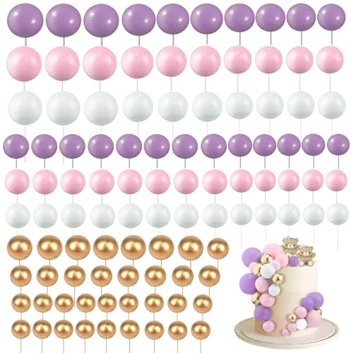 Lot de 108 boules de décoration de gâteau DIY Mini ballon Cupcake Décoration de gâteau pour mariage anniversaire (violet, rose, blanc)