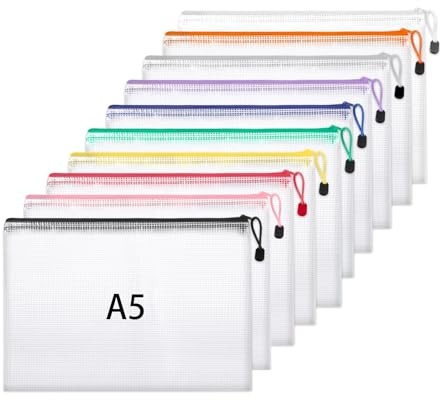 A5 Plastic Wallets, 10 Pack Zip Lock Bags Mesh Document Wallet File Folders | Zip Pouches with Labels, PVC Waterproof Material, Translucent Mesh for School Office Supplies Home Travel Storage (10 Colors)