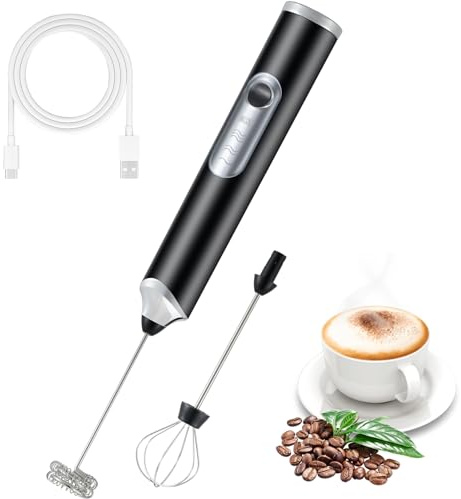 Handheld Electric Milk Frother with 2 Heads, Coffee Whisk Foam Mixer with USB Rechargeable 3 Speeds, Foam Maker Blender for Latte, Cappuccino, Hot Chocolate, Egg