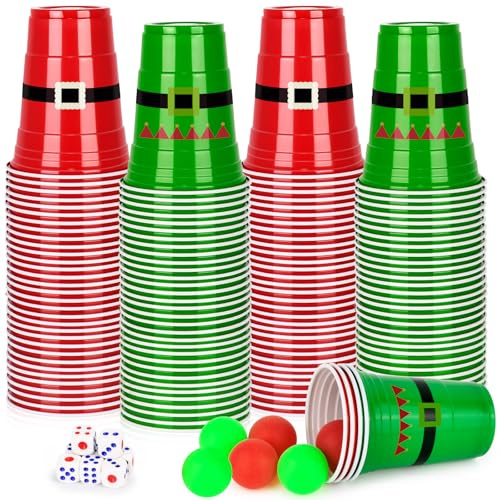 HLHLLSW 60 PCS Christmas Cup Pong Game Set - 16 Oz Red & Green Plastic Party Cups with 10 Red&Green Balls for Holiday Party Games, Family Gatherings, Christmas Party Supplies