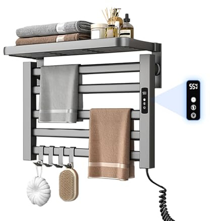 Scaldasalviette elettrico piccolo con ripiano, 80 W, radiatore elettrico, temperatura regolabile 30 – 70 °C, 55 x 40 cm, misurazione del tempo 1 – 24 ore (grigio)
