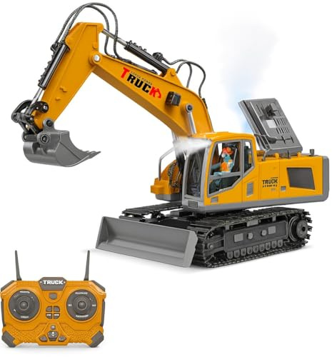 Waka Tienda Escavatore giocattolo telecomandato 13 canali 2.4GHz con cubo metallico. Escavatore radiocomandato con luci, suoni, spray e rotazione 680°. Regalo ideale per bambini 6-12 anni