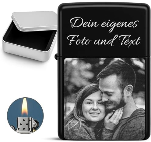 Personalisiertes Benzinfeuerzeug mit Fotogravur - Schwarzes Feuerzeug mit Wunschtext & Bild - Geschenk für Männer