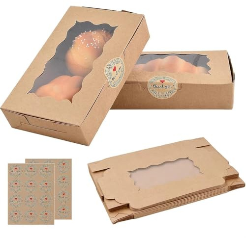 20 cajas de papel kraft para tartas con ventana – Embalaje de pan de jengibre y dulces con 2 pegatinas de agradecimiento, caja de regalo sostenible para galletas, cupcakes y confitería