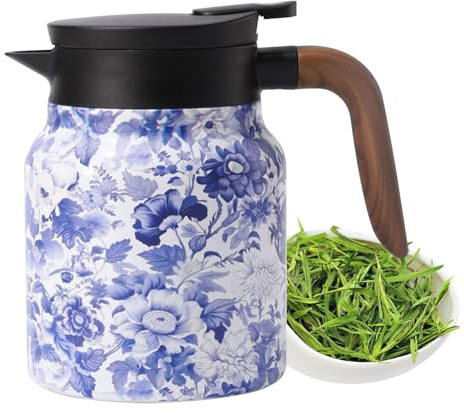 Thermal Tea Kettle - Stainless Steel Teapot, Built-In Filter Coffee Pot, Floral Design, Elegant Durable Heat Retention | Home Kitchen Office, Perfect for Tea Coffee Brewing Daily Use Entertaining
